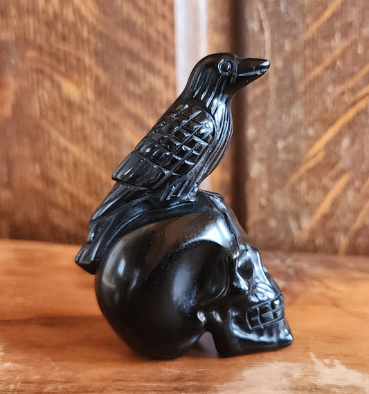 Obsidian Crow on Skull