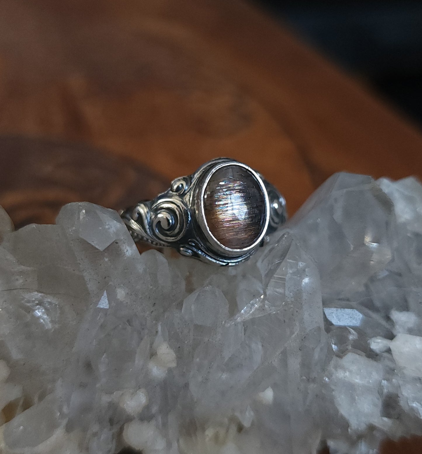 Sunstone Nouveau Curl Sterling Silver Ring - Size 10