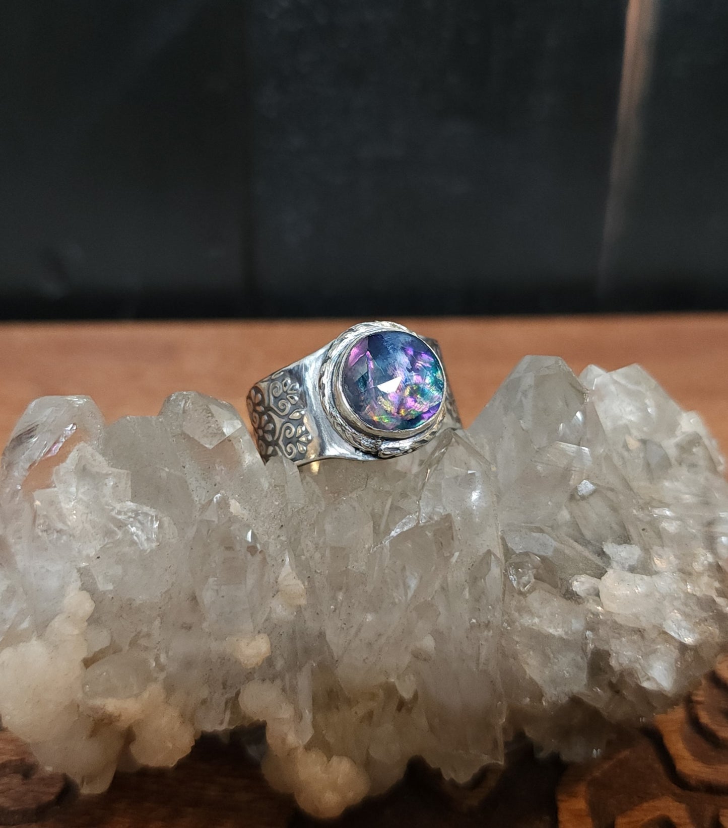 Sterling Silver & Dichroic Glass Mandala Ring - Size 9.5