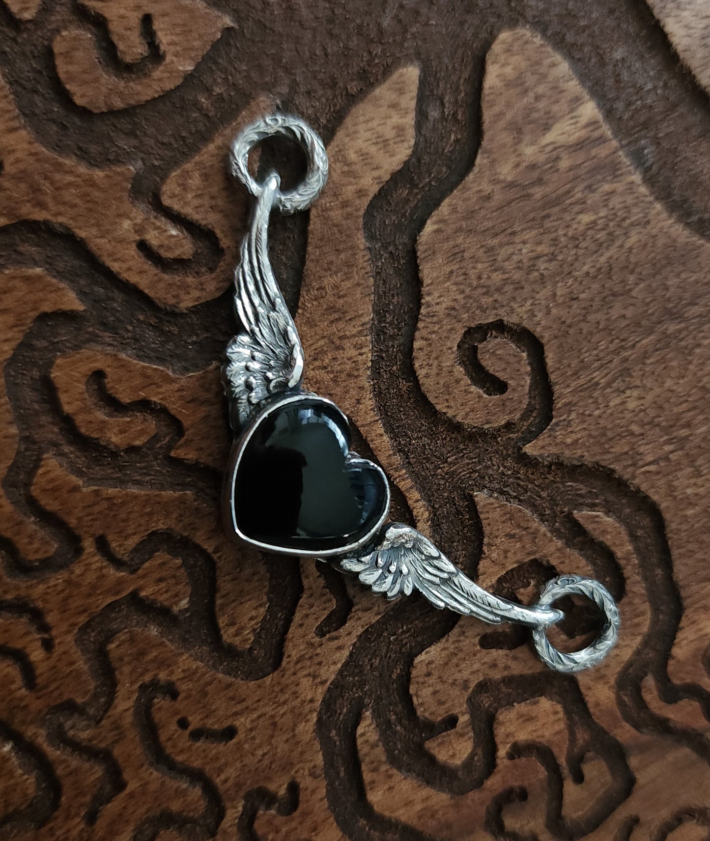Onyx & Sterling Silver Winged Heart Necklace