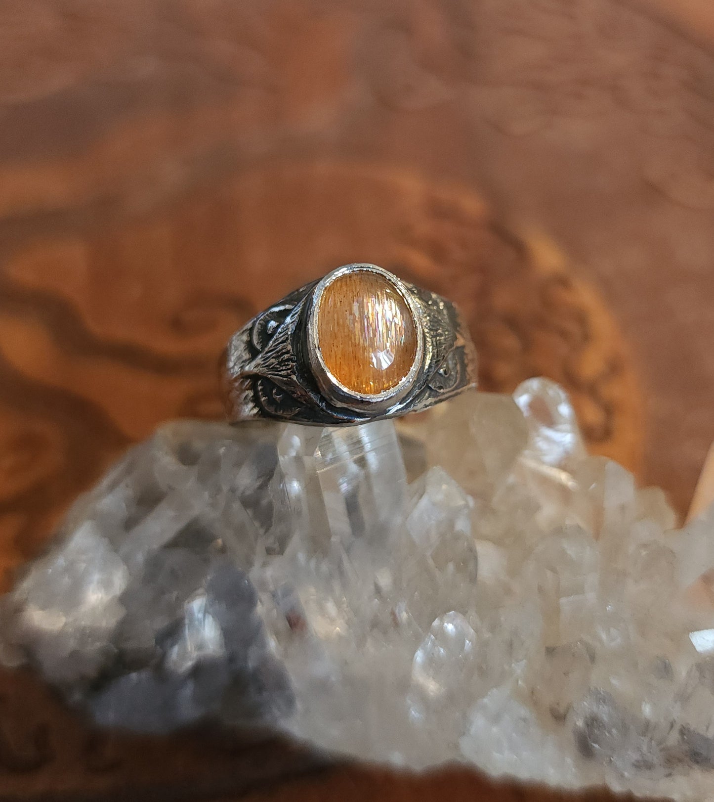 Sterling Silver & Sunstone Owl Ring - 8.5