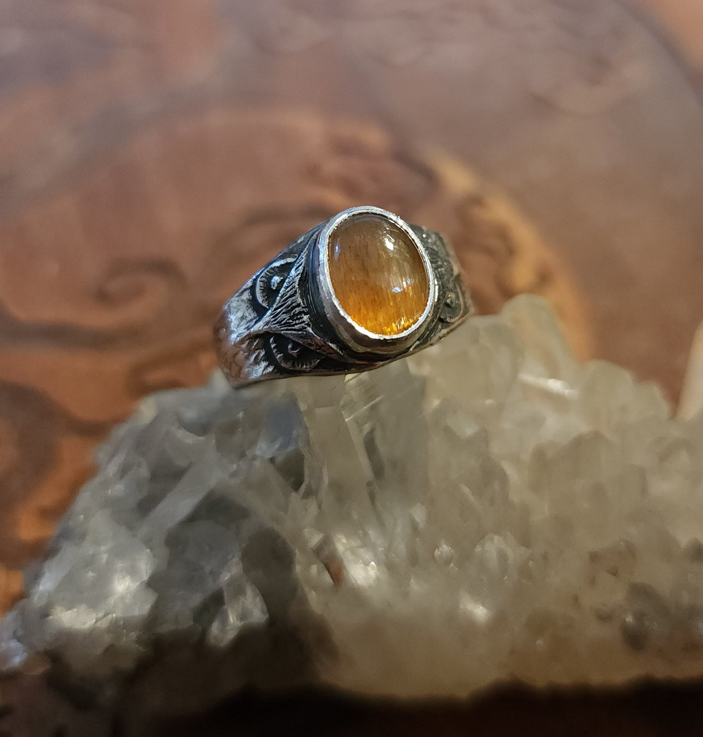 Sterling Silver & Sunstone Owl Ring - 8.5