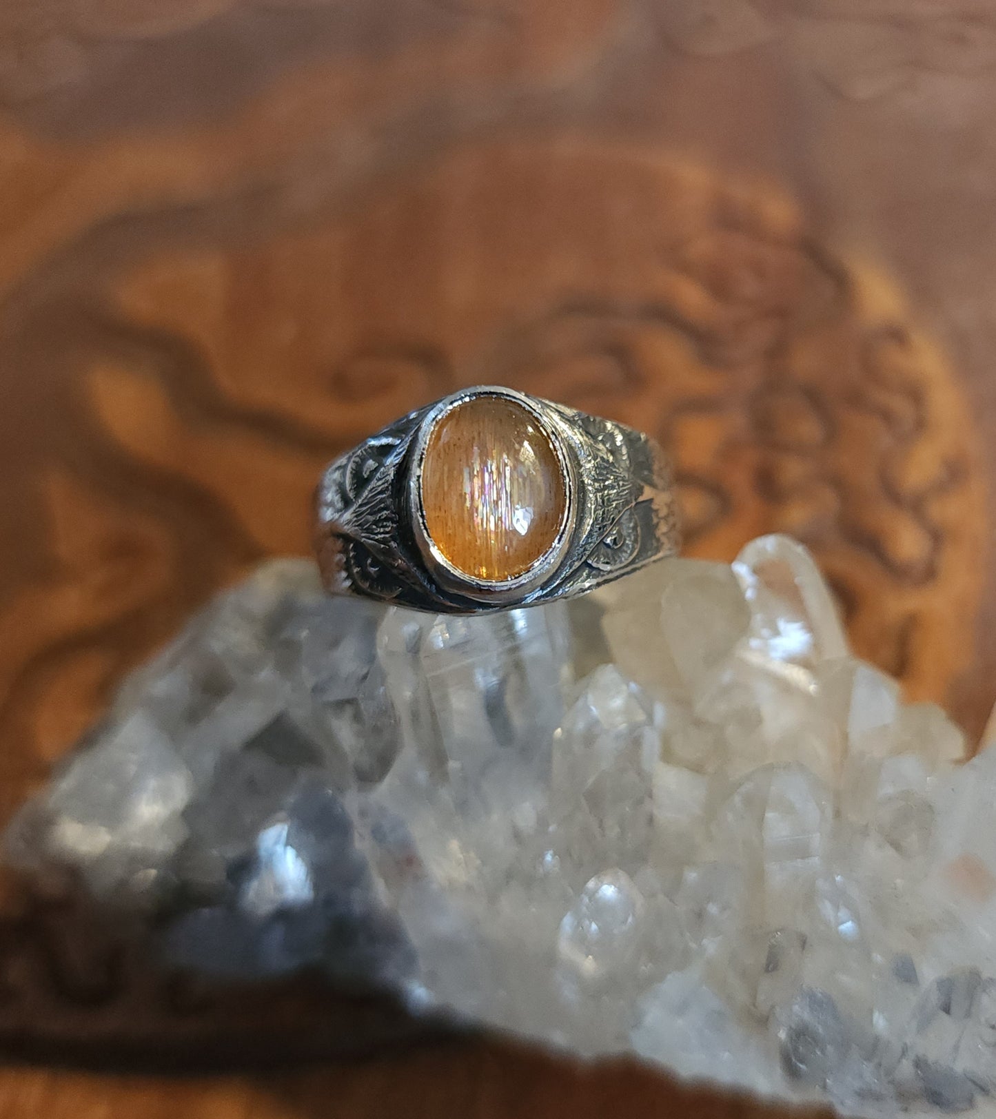 Sterling Silver & Sunstone Owl Ring - 8.5