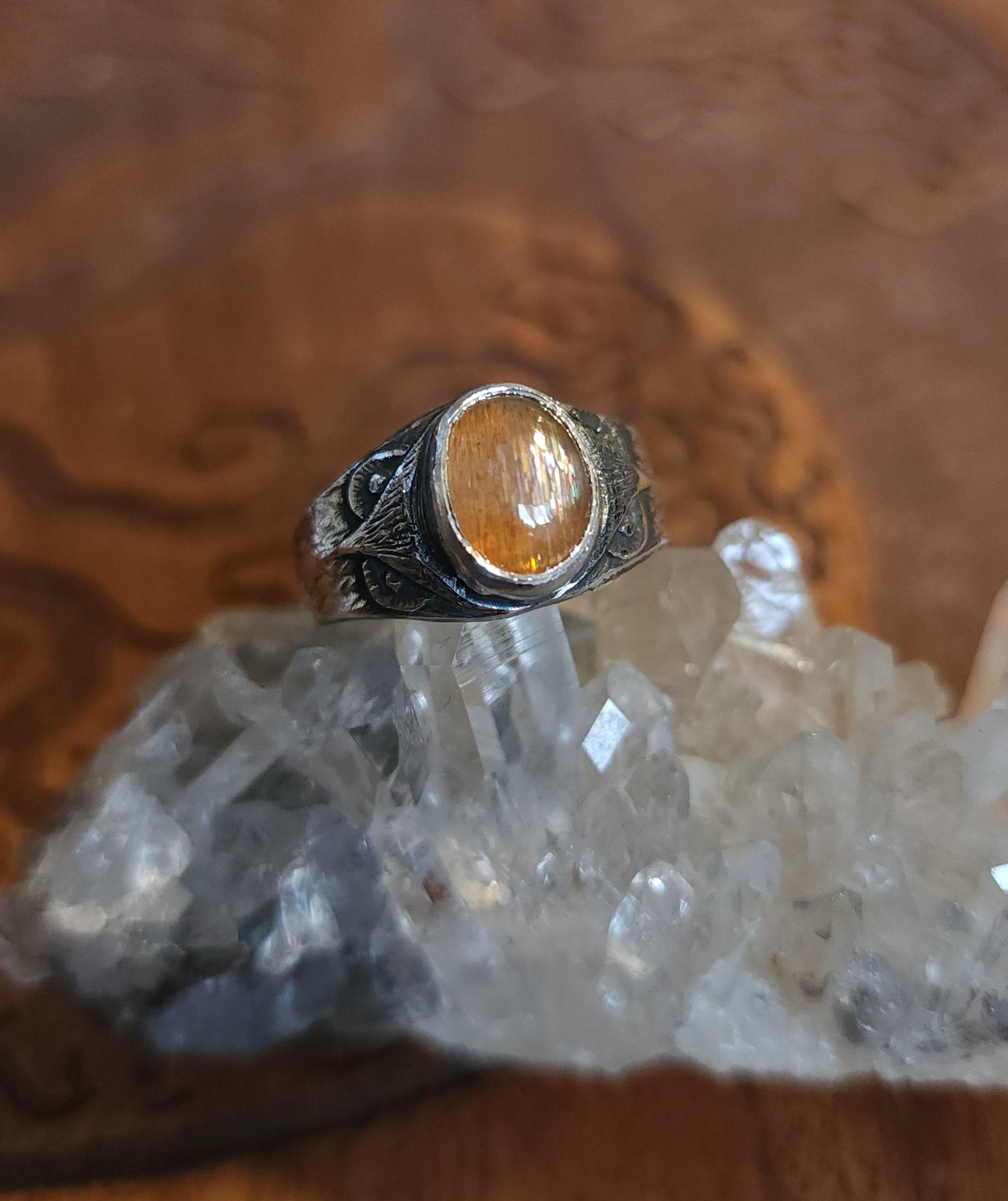 Sterling Silver & Sunstone Owl Ring - 8.5