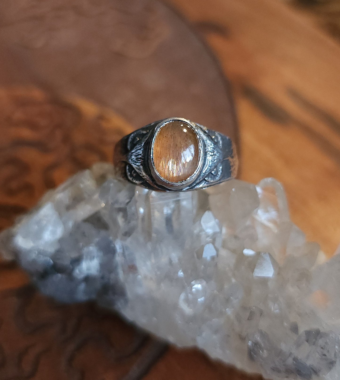 Sterling Silver & Sunstone Owl Ring - 8.5