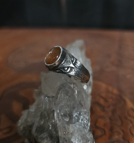 Sterling Silver & Sunstone Owl Ring - 8.5