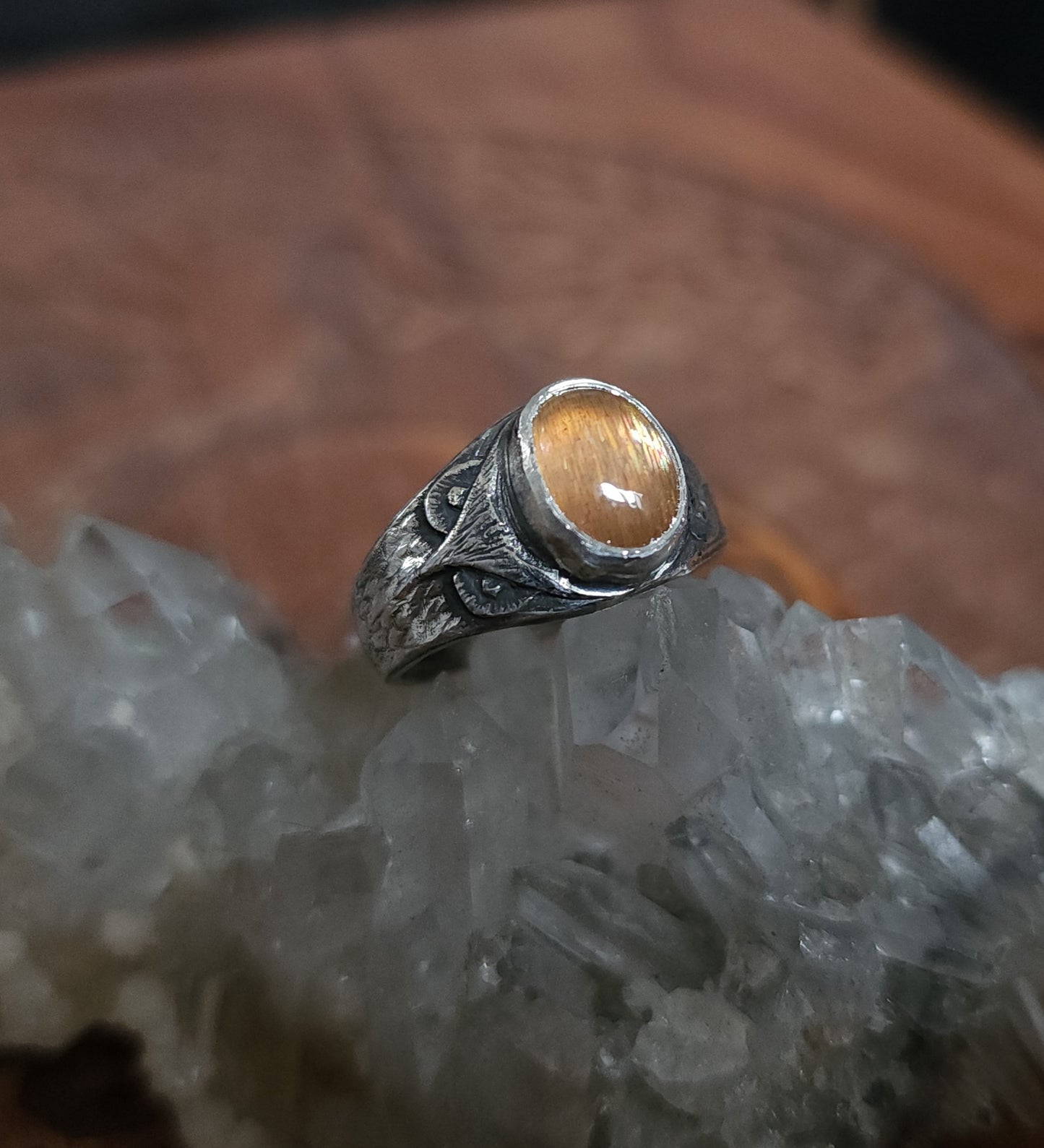 Sterling Silver & Sunstone Owl Ring - 8.5
