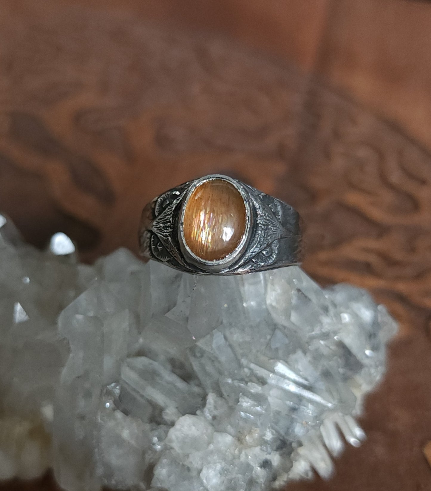 Sterling Silver & Sunstone Owl Ring - 8.5