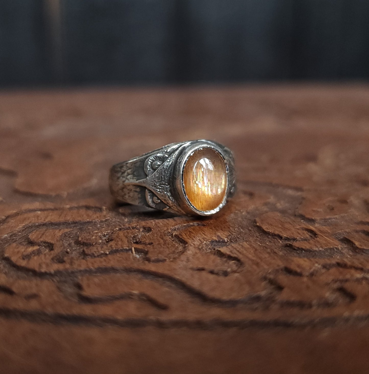 Sterling Silver & Sunstone Owl Ring - 8.5