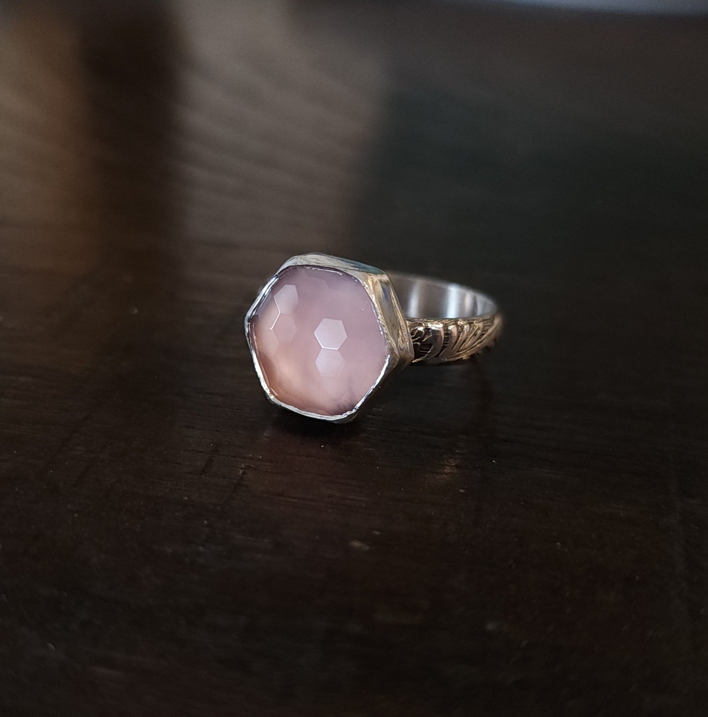Sterling Silver & Pink Chalcedony Ring - Size 9.5