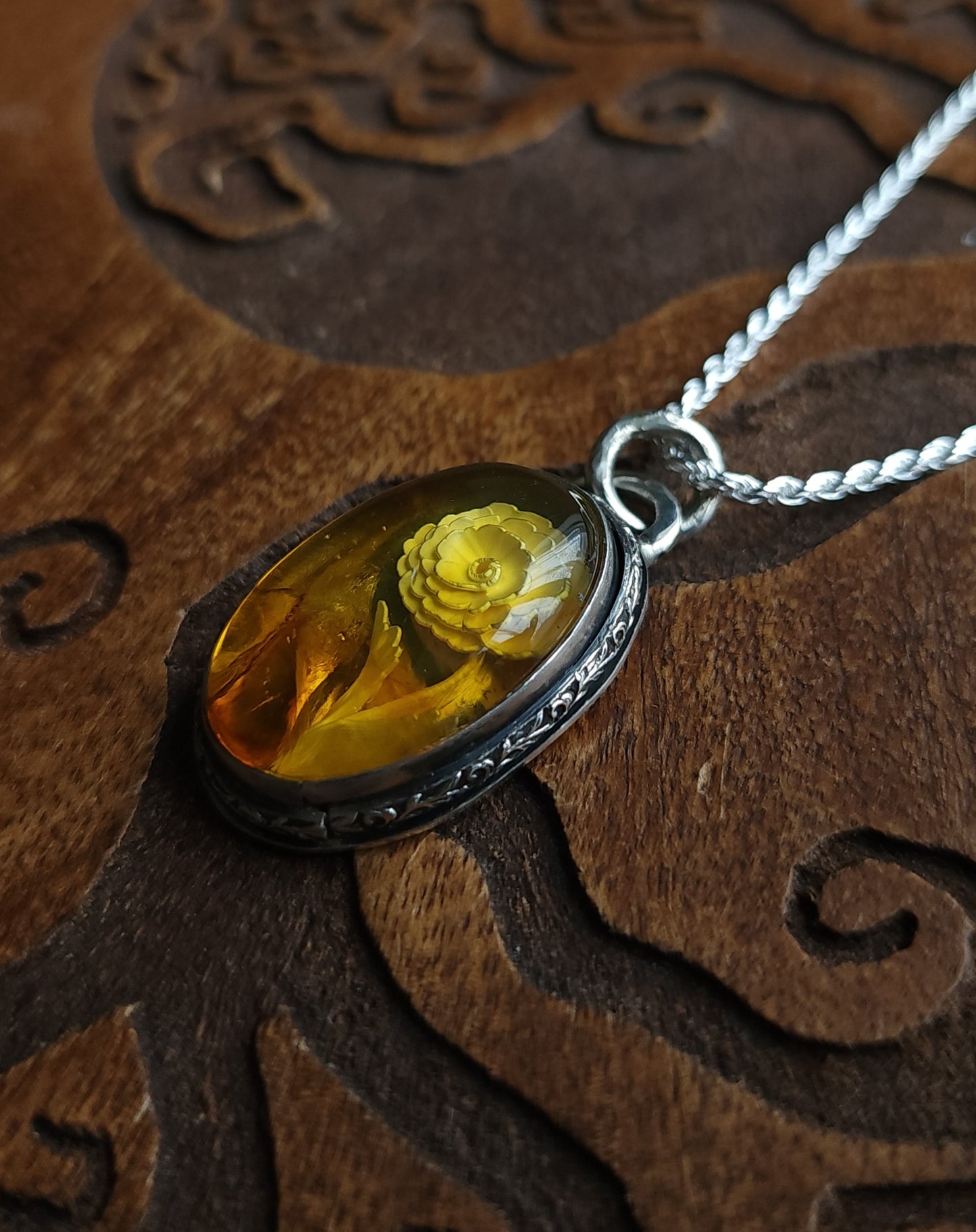 Sterling Silver & Mexican Amber Intaglio Pendant