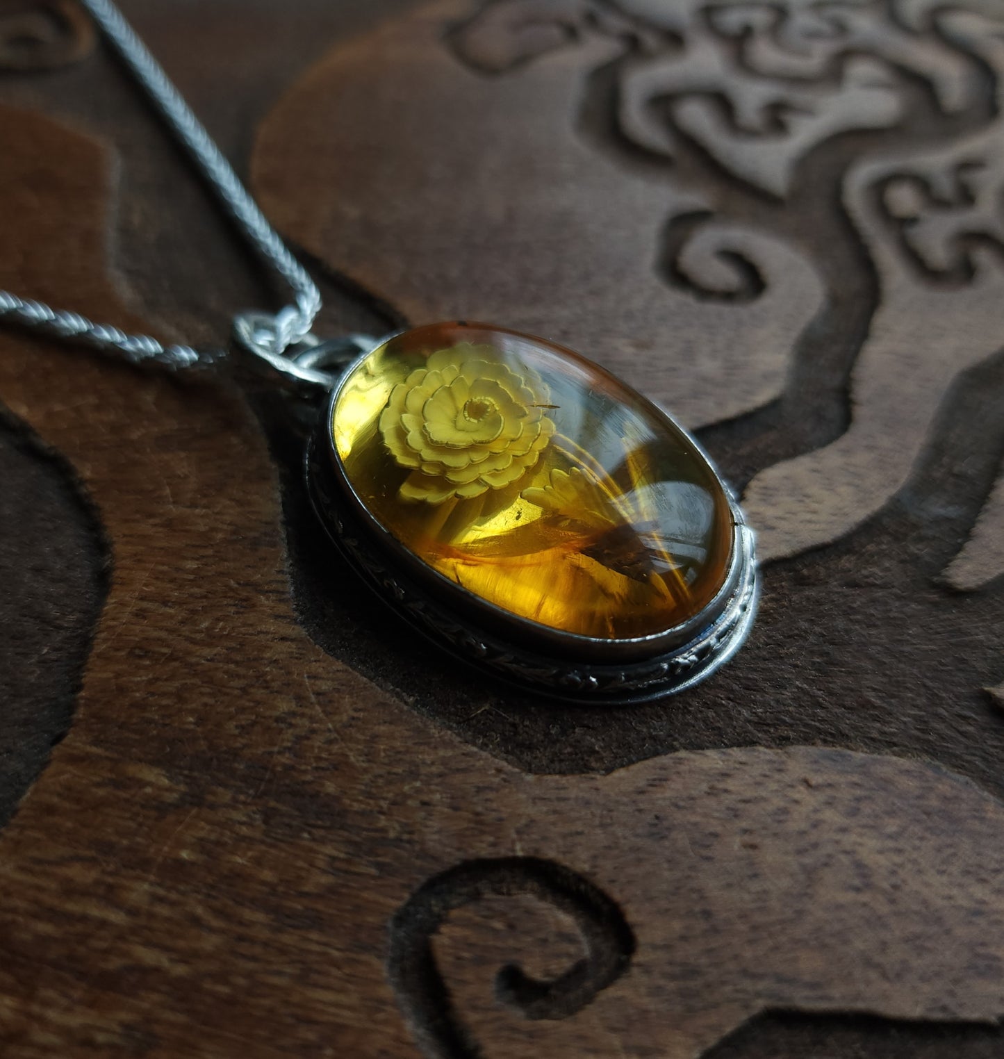 Sterling Silver & Mexican Amber Intaglio Pendant