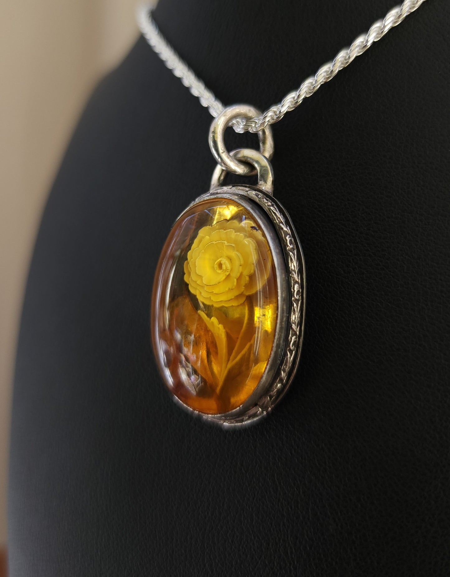 Sterling Silver & Mexican Amber Intaglio Pendant