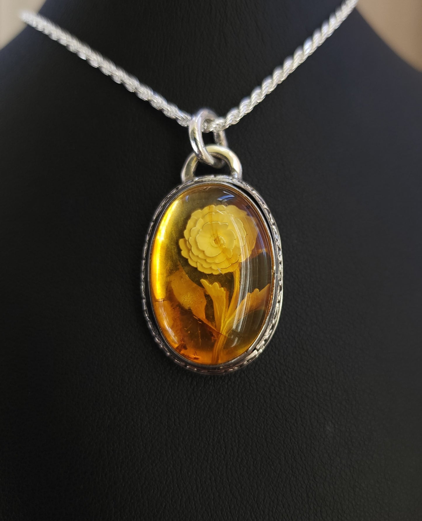 Sterling Silver & Mexican Amber Intaglio Pendant