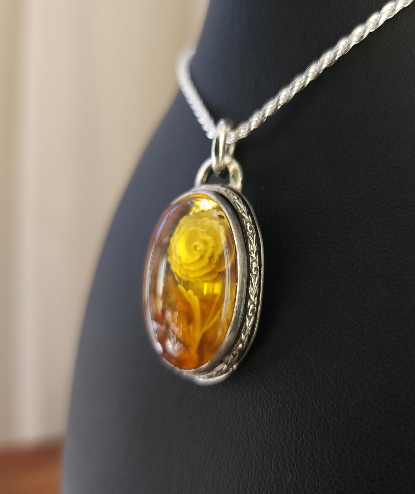 Sterling Silver & Mexican Amber Intaglio Pendant