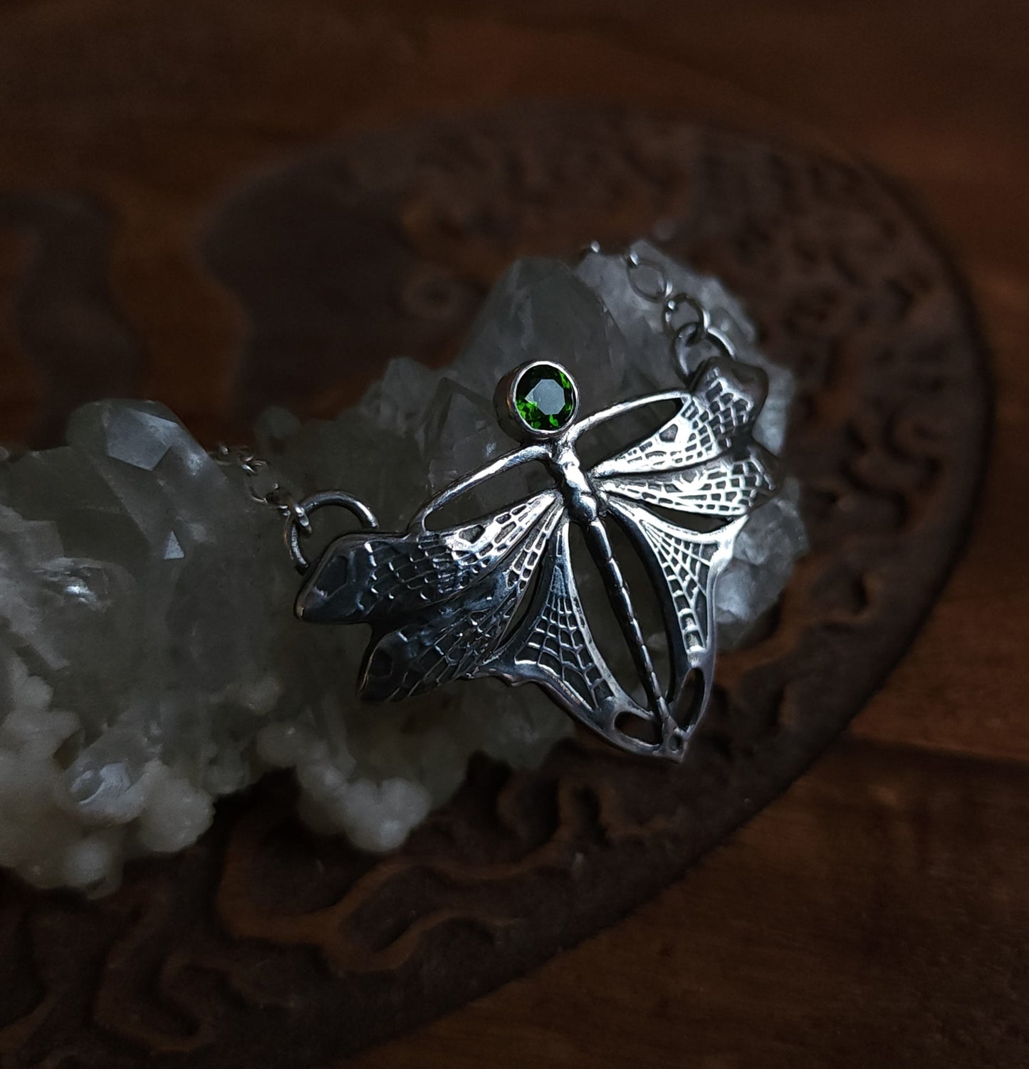 Sterling Silver & Chrome Diopside Dragonfly Necklace