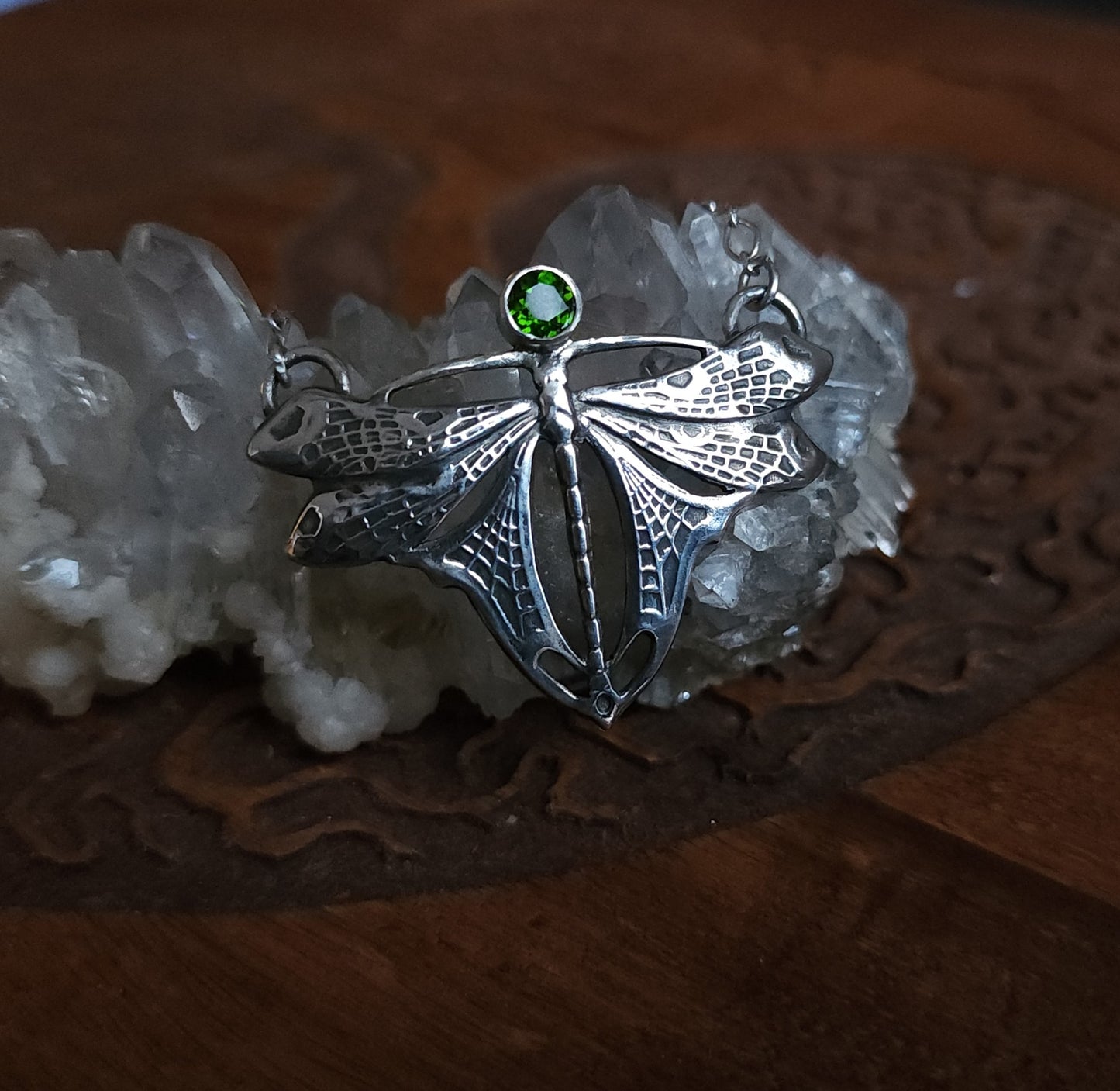 Sterling Silver & Chrome Diopside Dragonfly Necklace