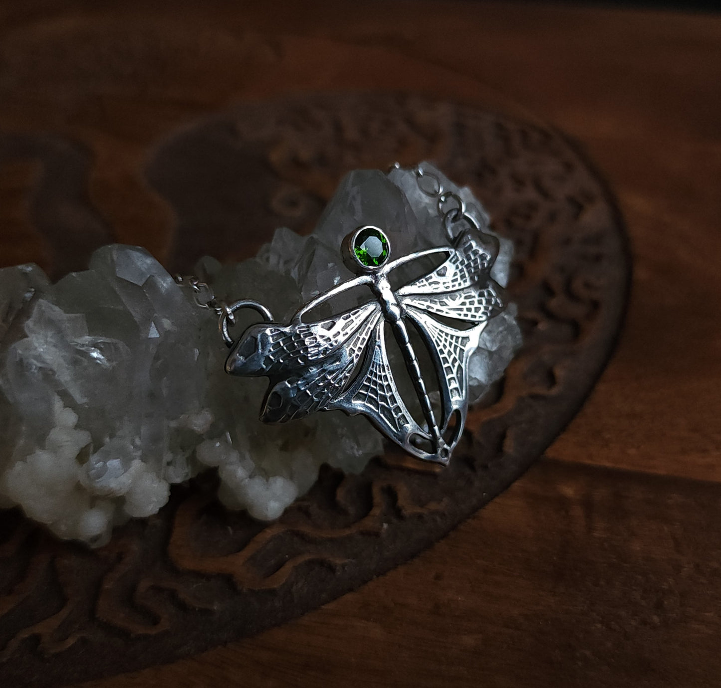 Sterling Silver & Chrome Diopside Dragonfly Necklace
