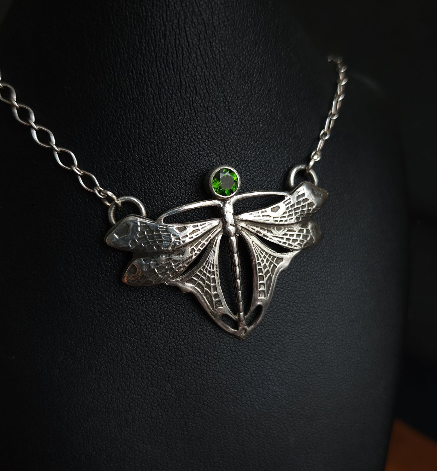 Sterling Silver & Chrome Diopside Dragonfly Necklace
