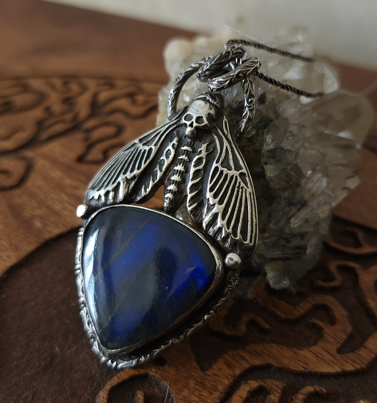 *RESERVED FOR SB* Death's-head Hawkmoth Sterling Silver & Labradorite Pendant