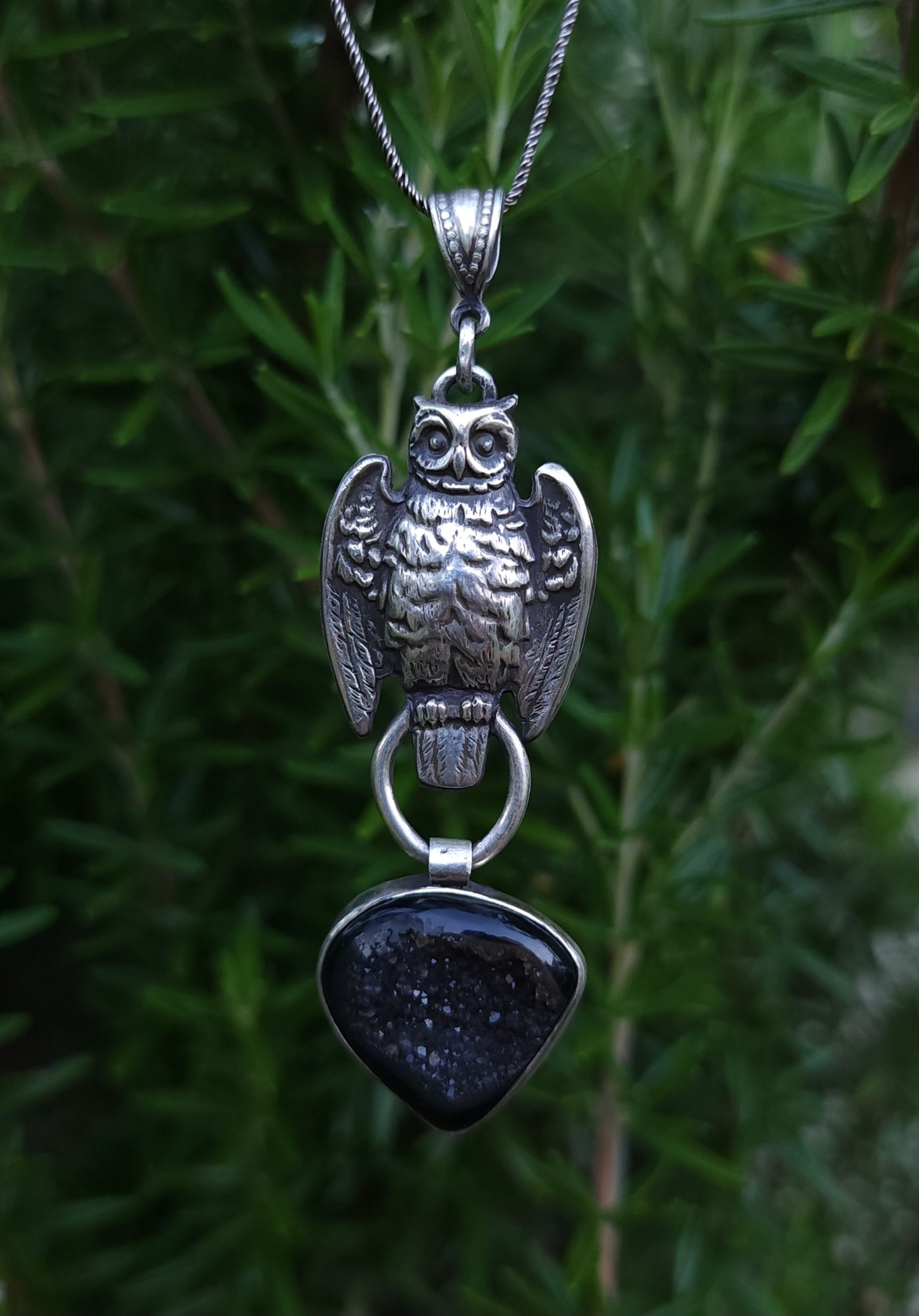 Sterling Silver & Onyx Druzy Owl Pendant