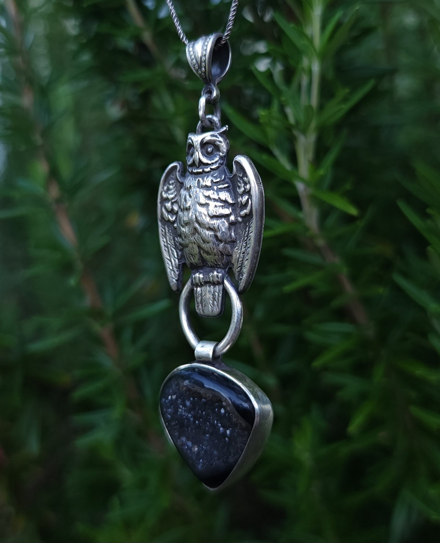 Sterling Silver & Onyx Druzy Owl Pendant