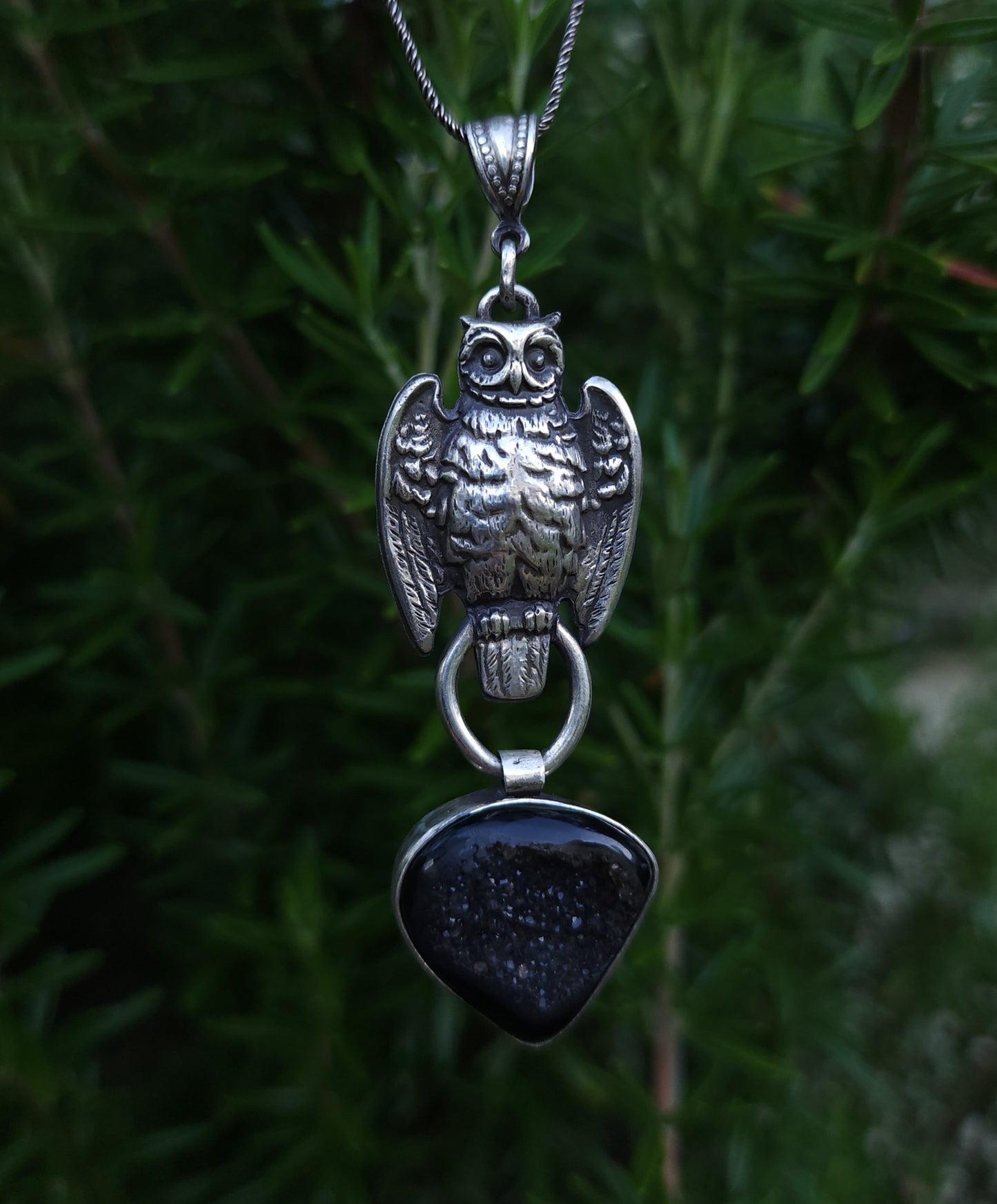 Sterling Silver & Onyx Druzy Owl Pendant