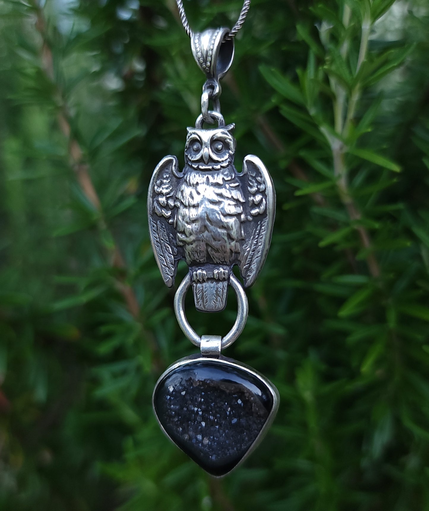 Sterling Silver & Onyx Druzy Owl Pendant