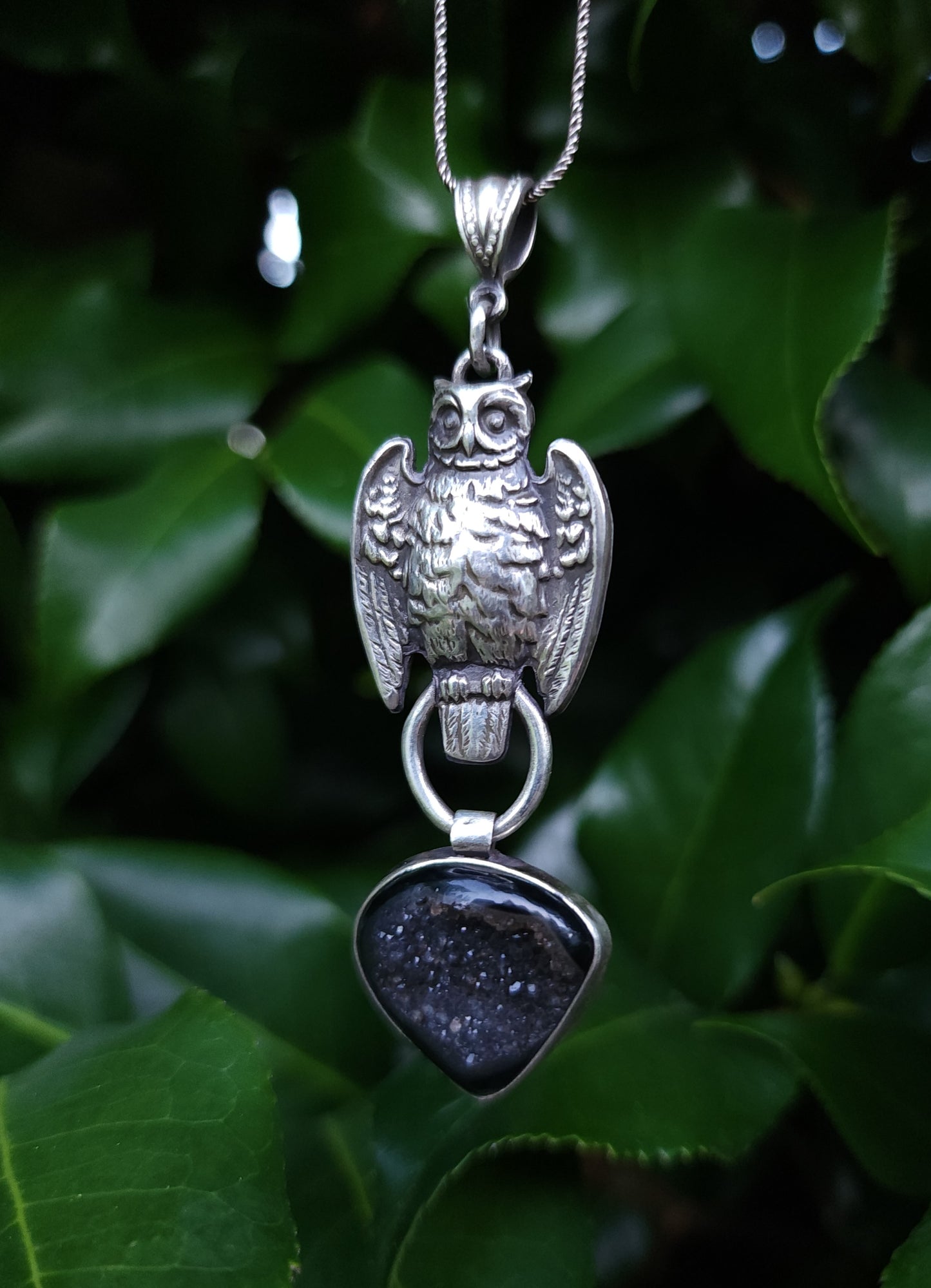 Sterling Silver & Onyx Druzy Owl Pendant