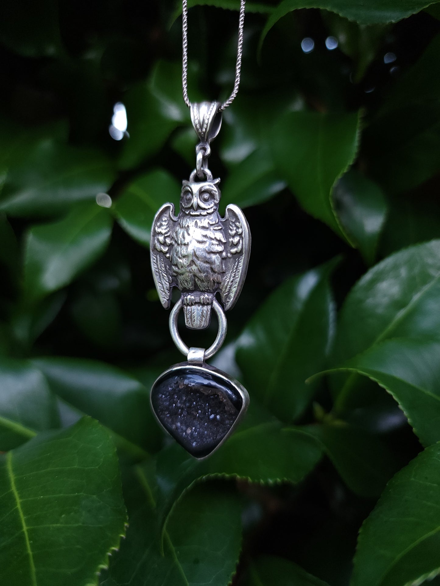 Sterling Silver & Onyx Druzy Owl Pendant