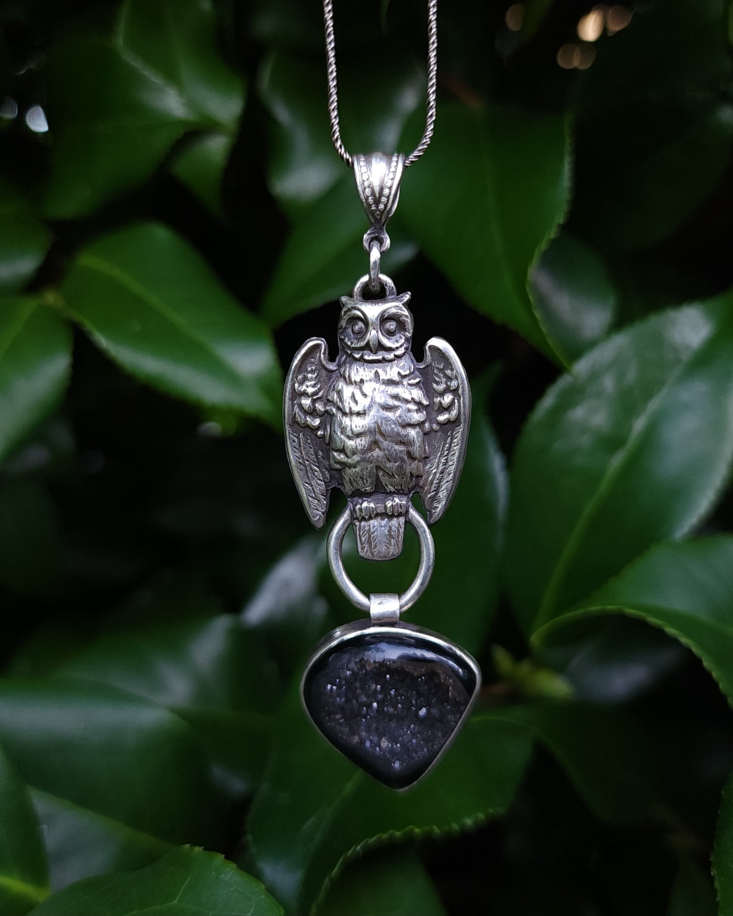 Sterling Silver & Onyx Druzy Owl Pendant