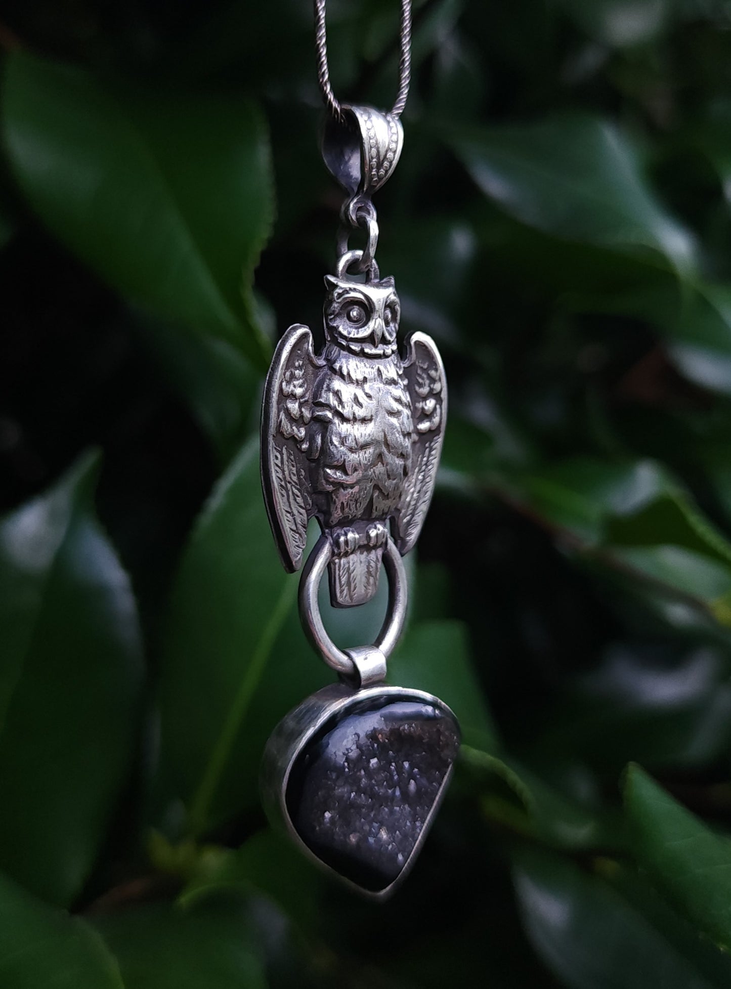 Sterling Silver & Onyx Druzy Owl Pendant