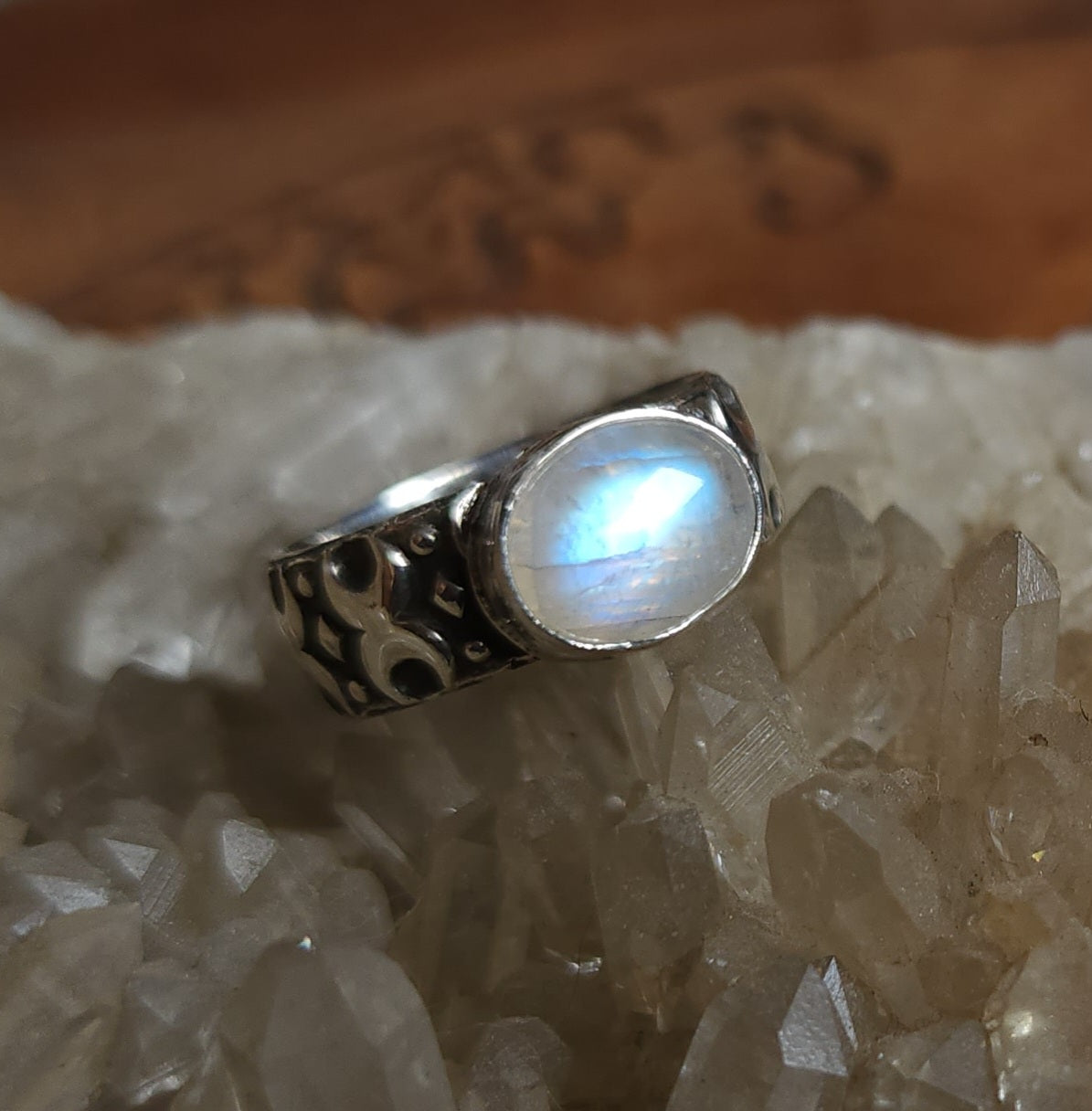 Crescent Moon Ring with Moonstone - Size 7.5