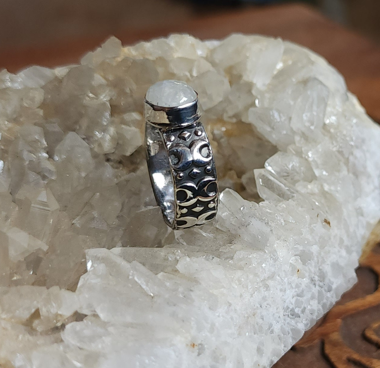 Crescent Moon Ring with Moonstone - Size 7.5