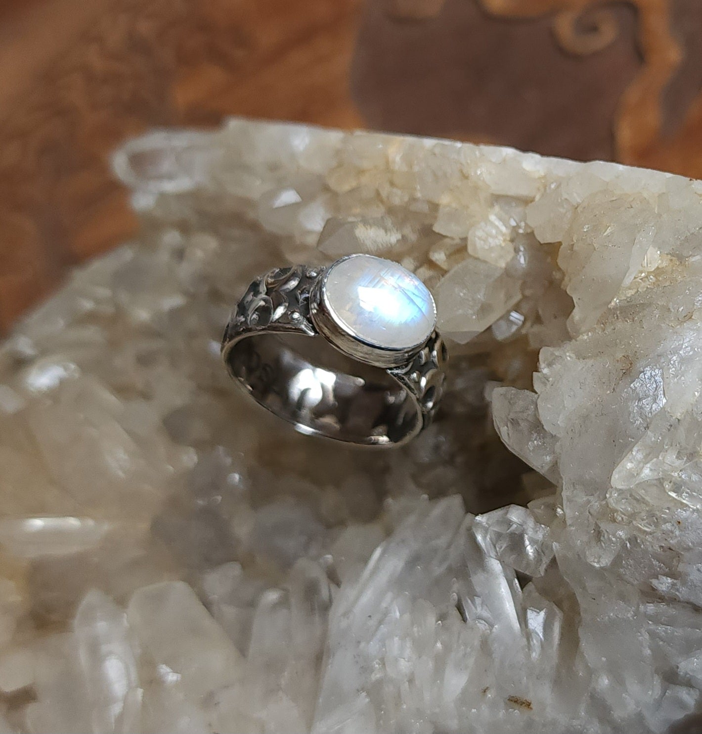 Crescent Moon Ring with Moonstone - Size 7.5