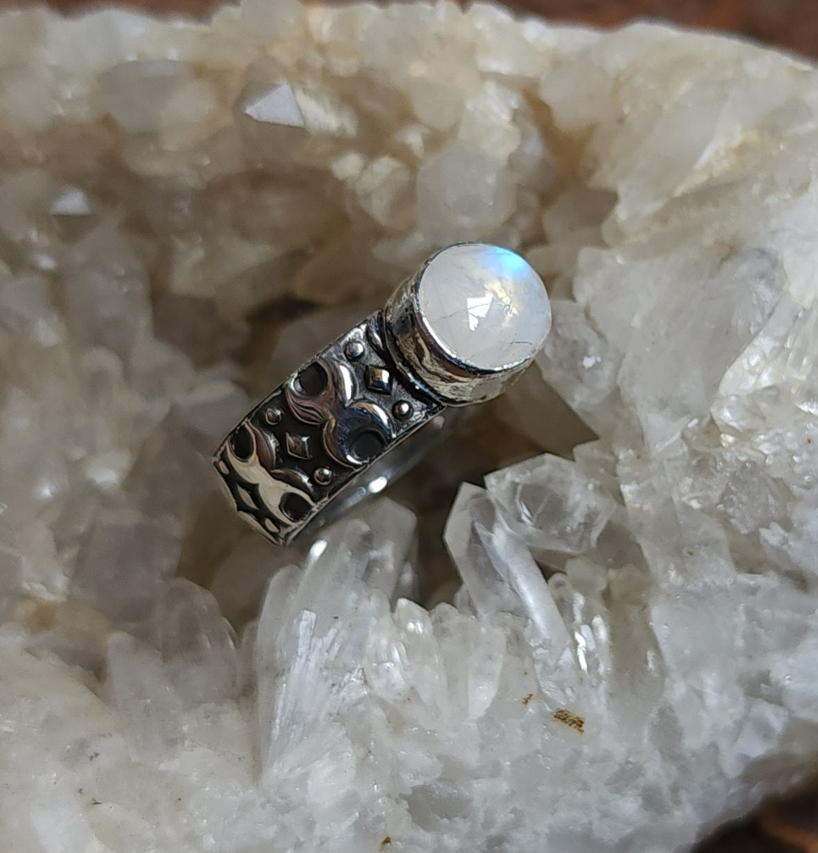 Crescent Moon Ring with Moonstone - Size 7.5