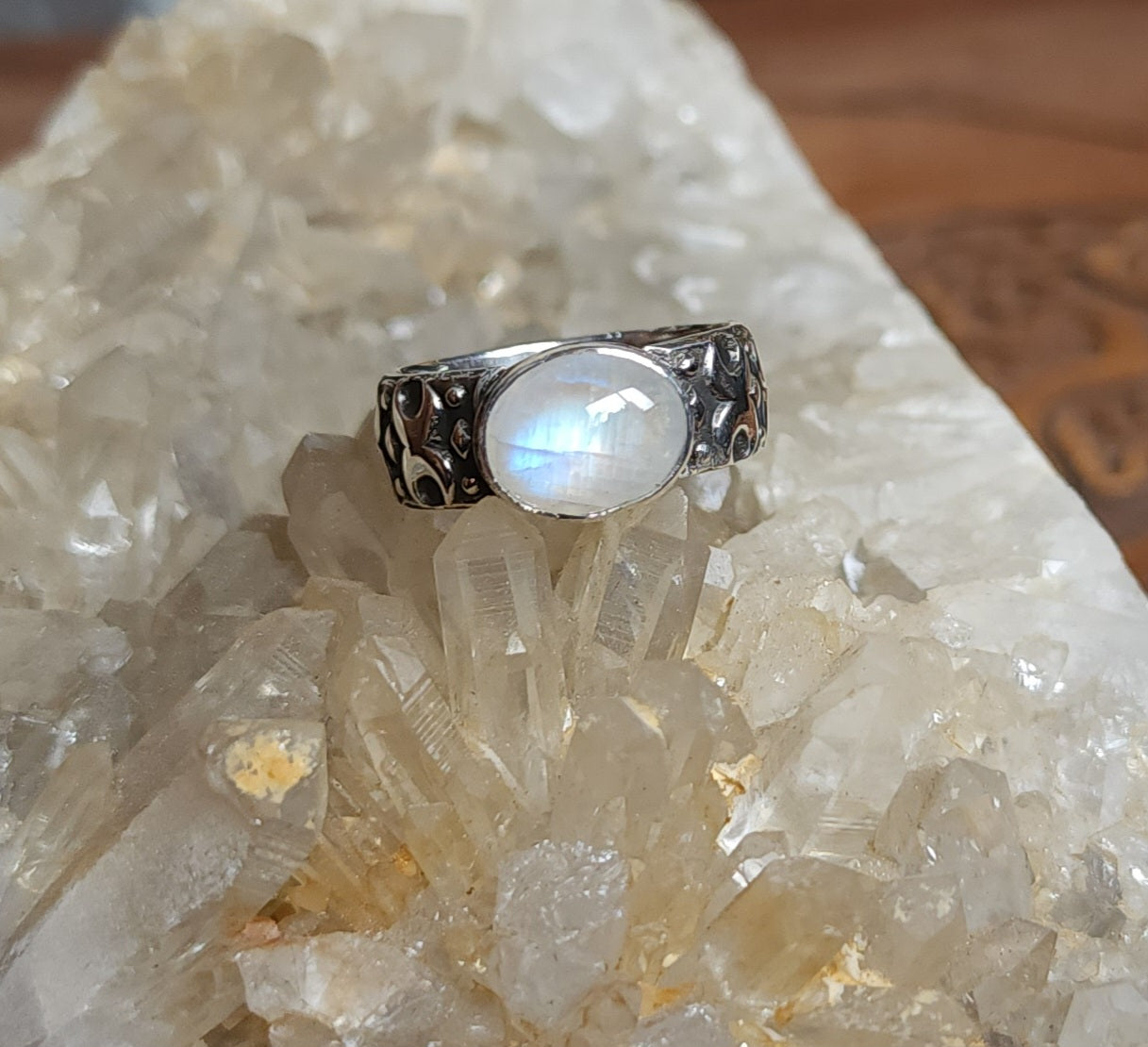 Crescent Moon Ring with Moonstone - Size 7.5
