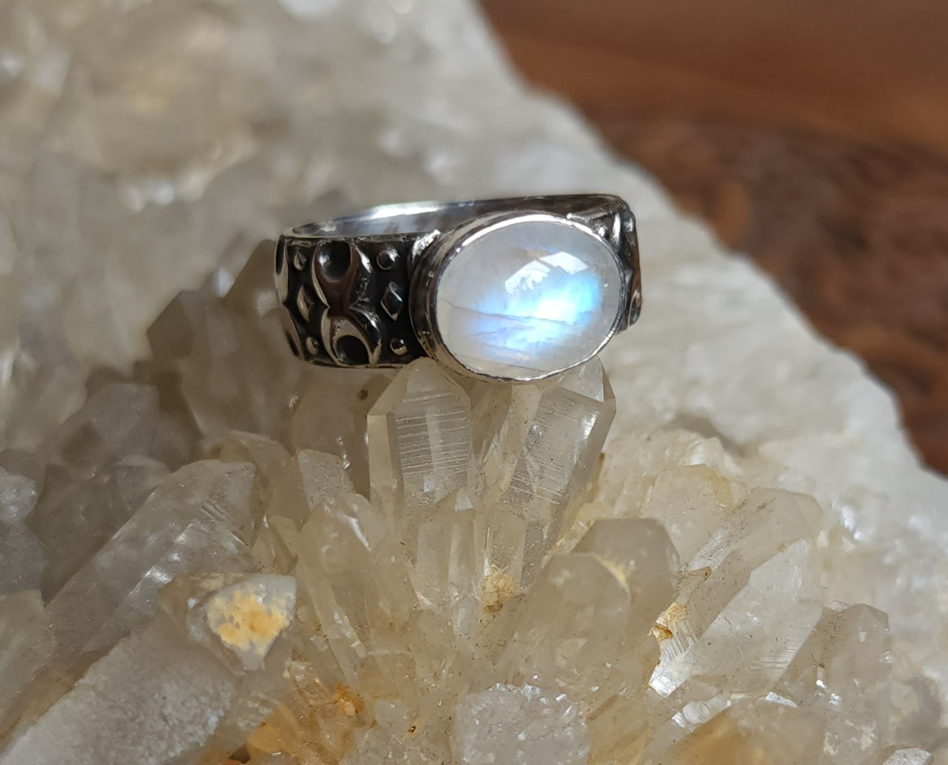 Crescent Moon Ring with Moonstone - Size 7.5