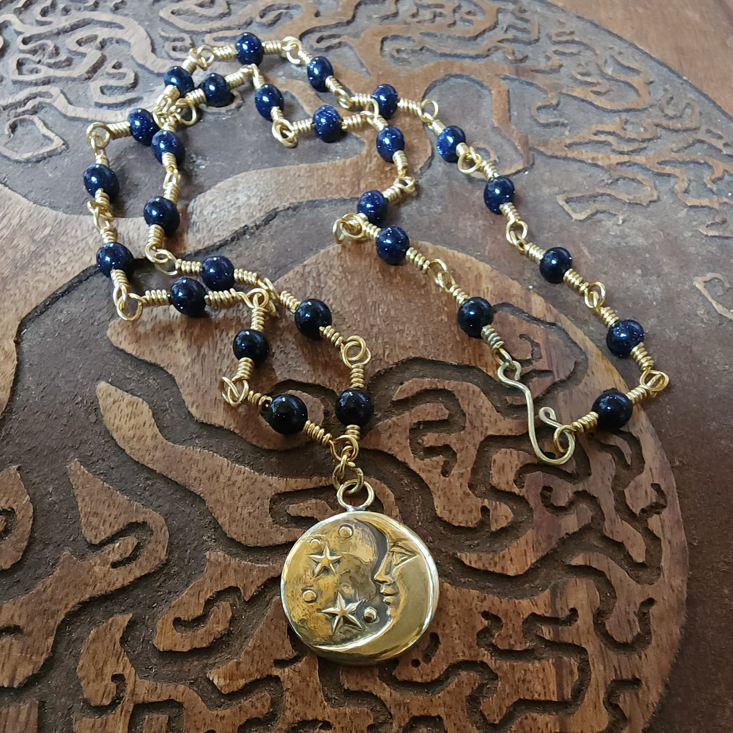 Celestial (Gold) - One of a Kind Brass & Blue Goldstone Necklace