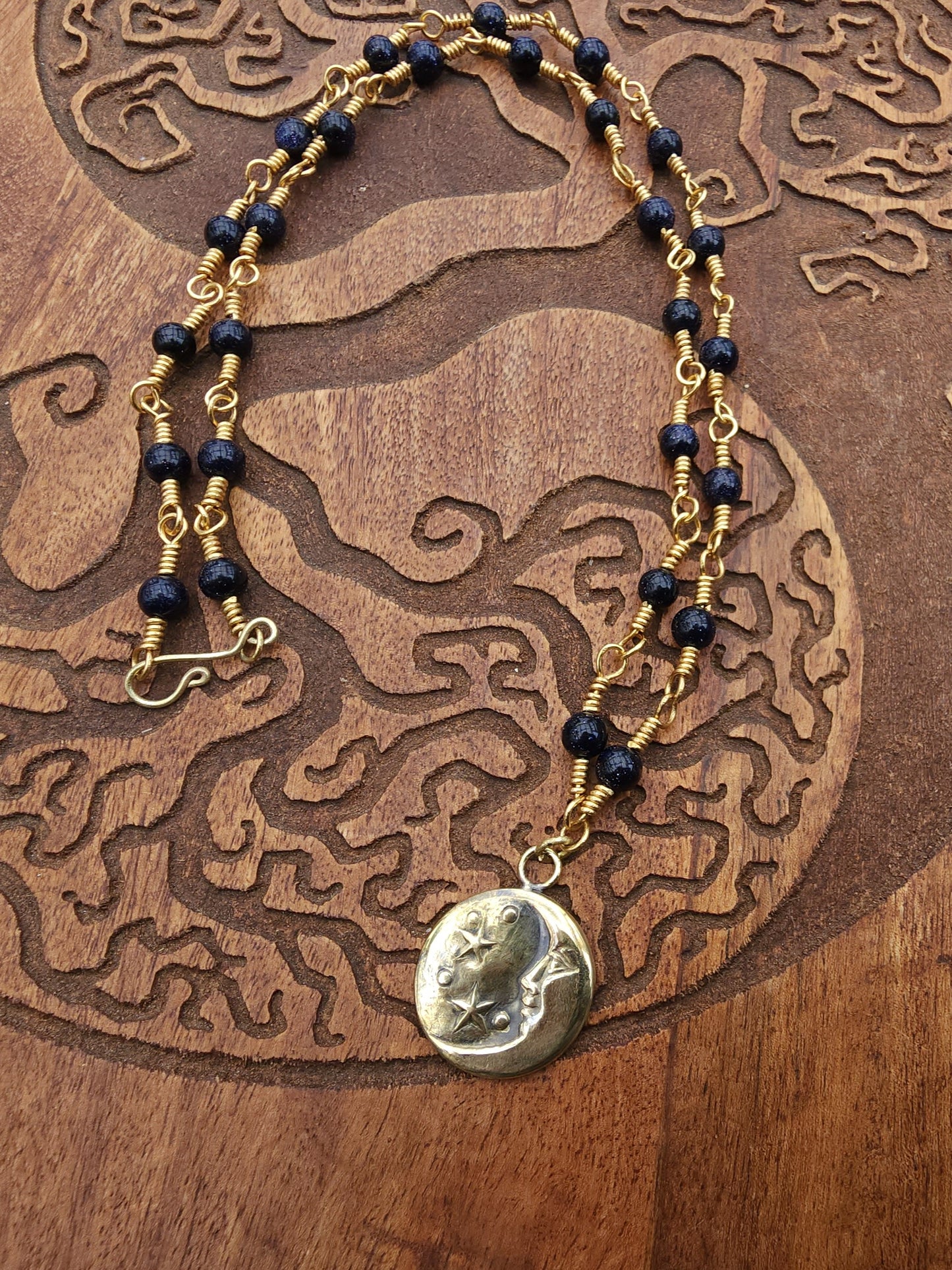Celestial (Gold) - One of a Kind Brass & Blue Goldstone Necklace