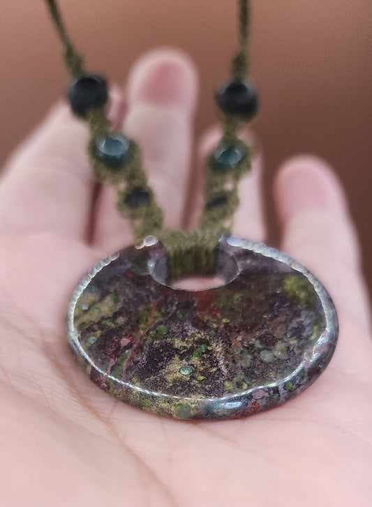 Dragon Blood Stone, Moss Agate & Lava Macrame Necklace