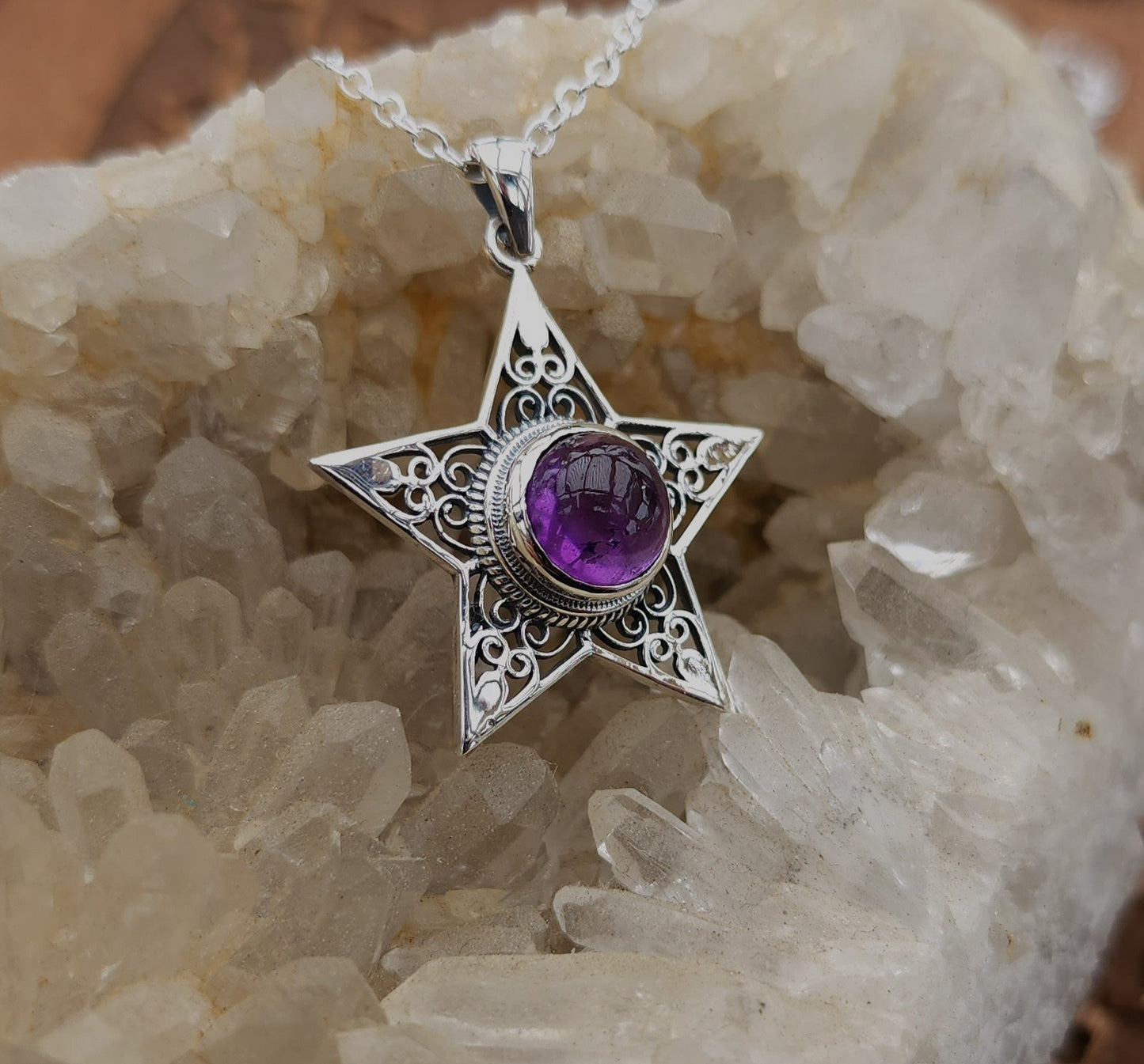 Sterling Silver Boho Star Pendant - Amethyst