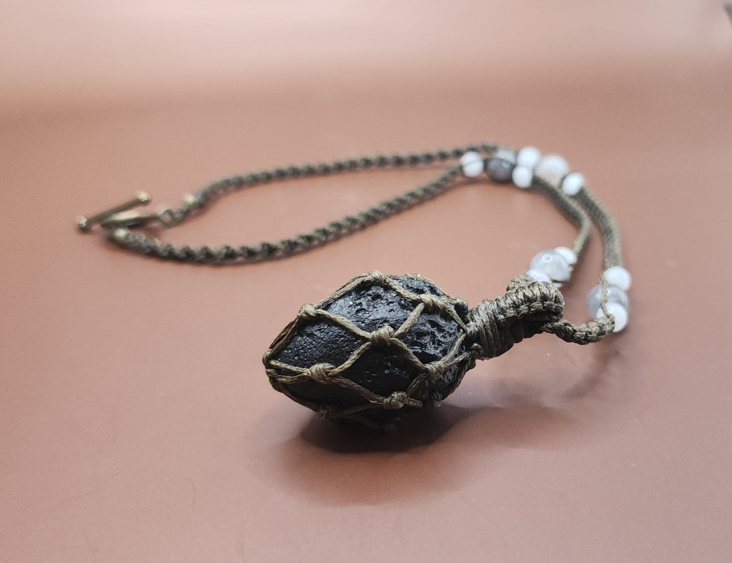 Tektite & Moonstone Macrame Necklace
