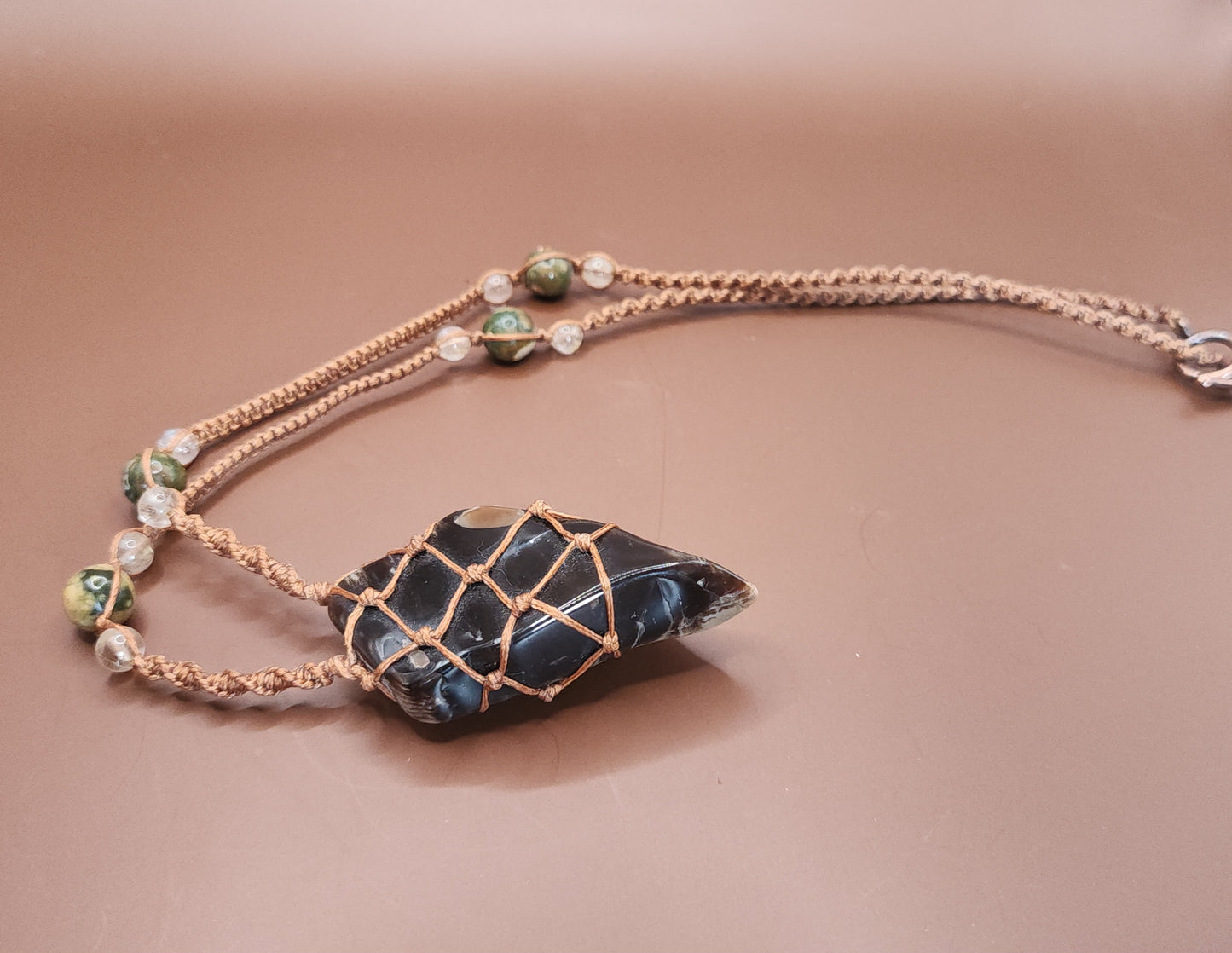 Petrified Wood, Rhyolite & Rutilated Quartz Macrame Necklace