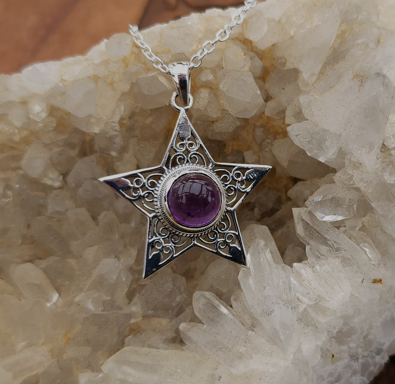 Sterling Silver Boho Star Pendant - Amethyst