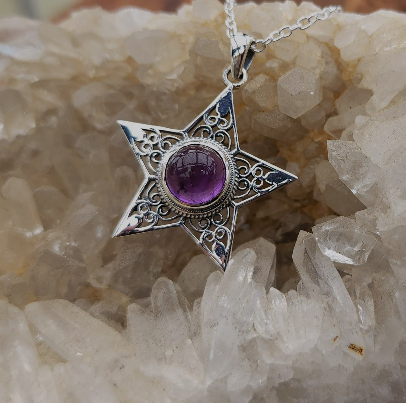 Sterling Silver Boho Star Pendant - Amethyst