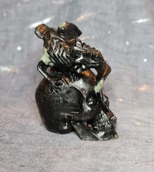 Black Fossil Jasper Dragon On Skull