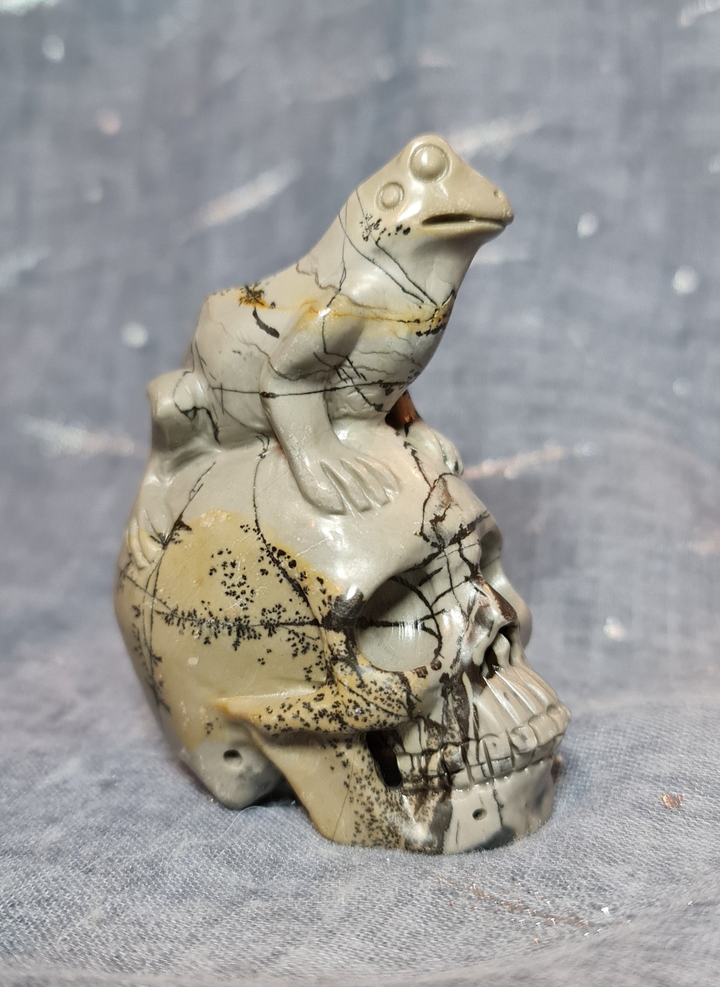 Dendritic Jasper Frog on Skull
