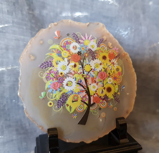 In Bloom - Printed Agate Slice with Wood Stand
