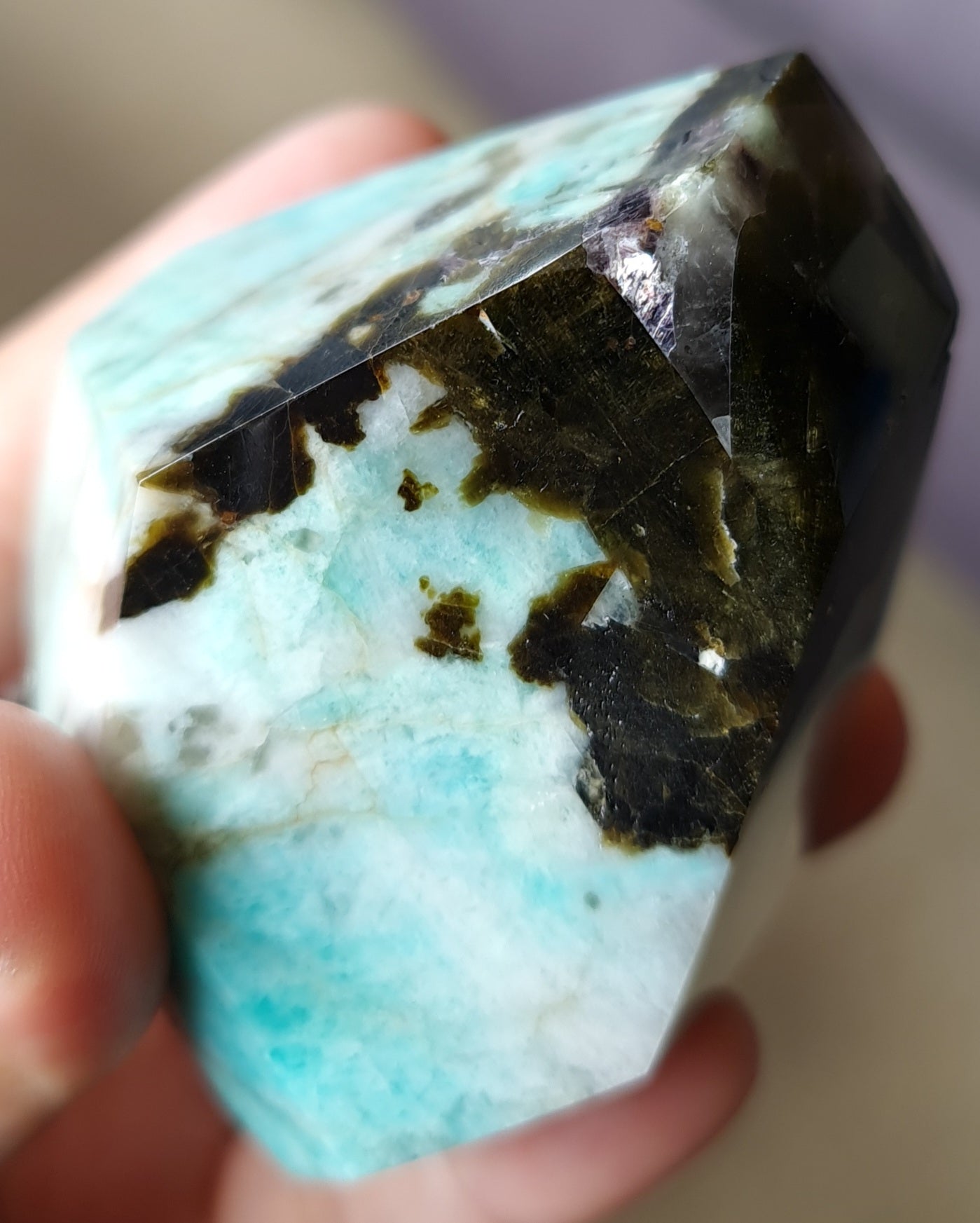 Amazonite with Epidote, Smoky and Clear Quartz and Lepidolite